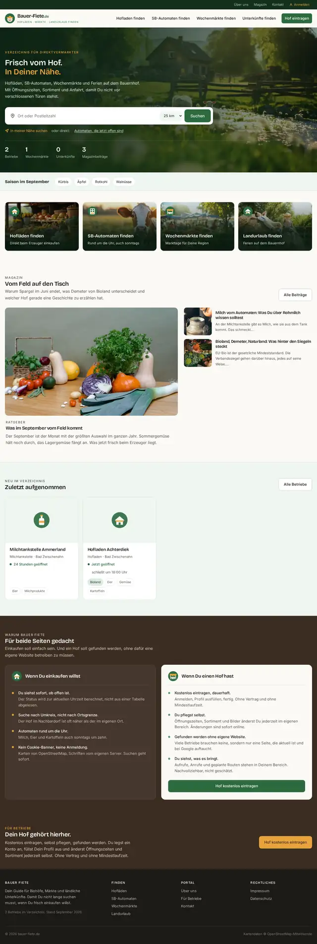 Bildschirmfoto der Website Bauer Fiete