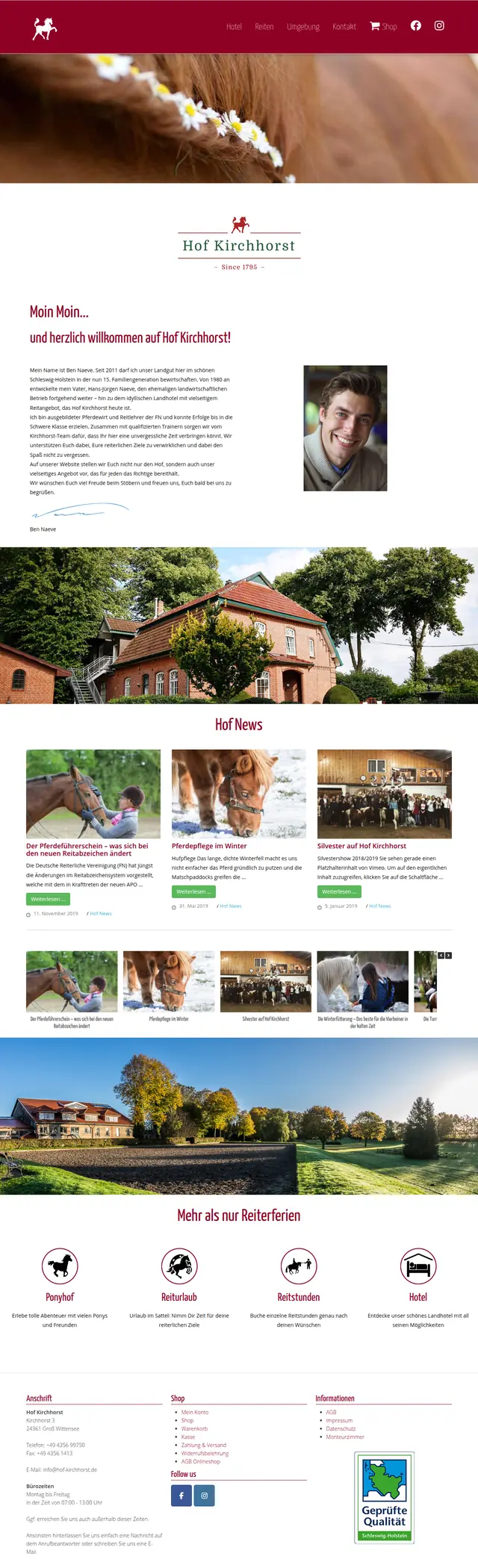 Bildschirmfoto der Website Hof Kirchhorst
