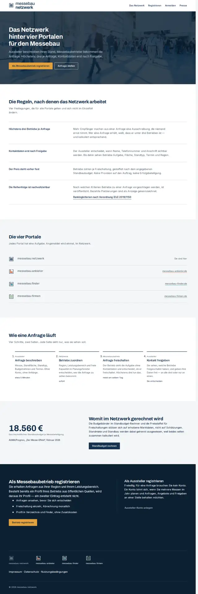 Bildschirmfoto der Website messebau netzwerk