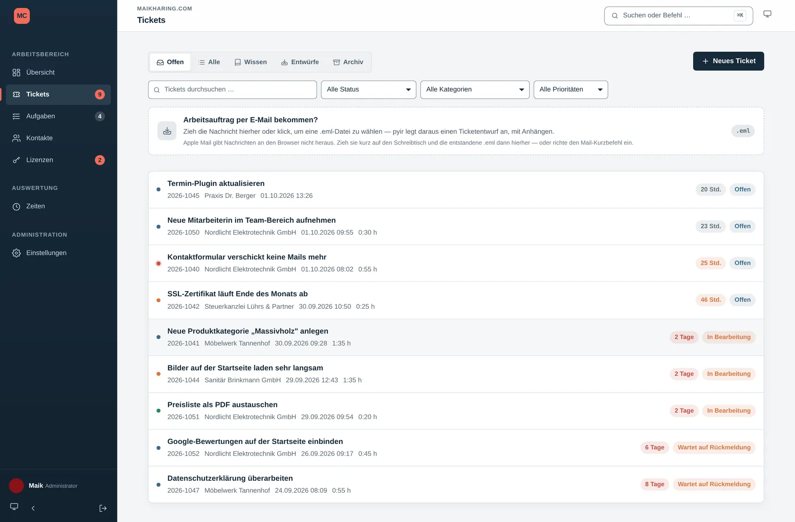 pyir Ticketliste mit Filtern und Ablagefläche für E-Mails